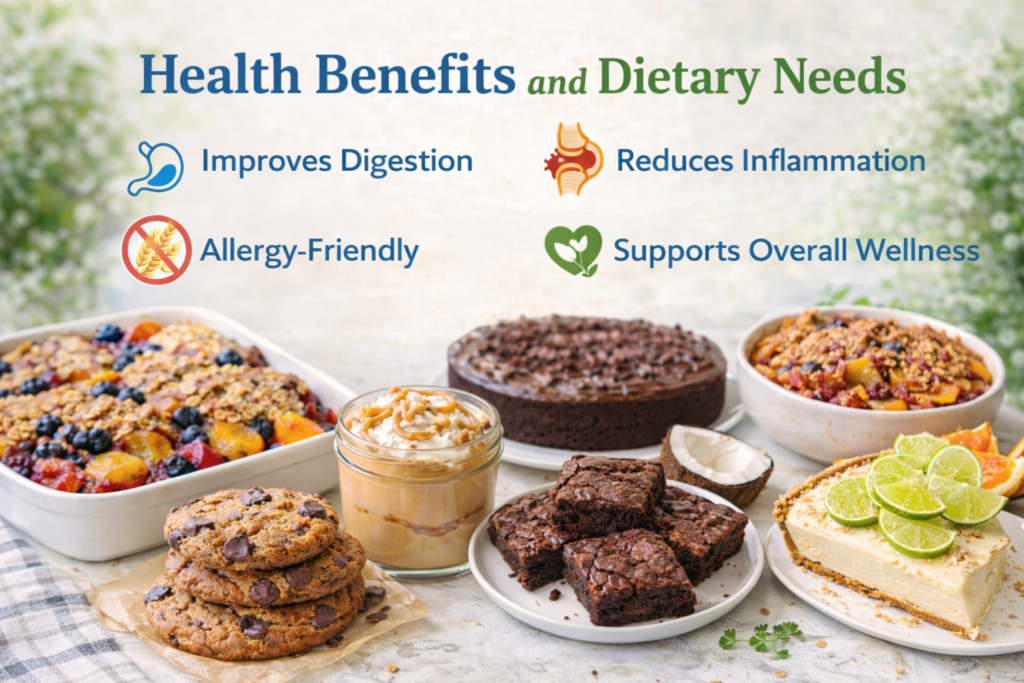 An array of gluten-free dairy-free desserts, including cookies, brownies, mousse, and fruit crisp, highlighting their health benefits like improved digestion and reduced inflammation.