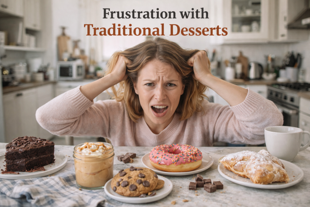 A woman in frustration, pulling her hair, surrounded by traditional sugary desserts like chocolate cake, donuts, and cookies, highlighting the issues with high sugar and allergens.