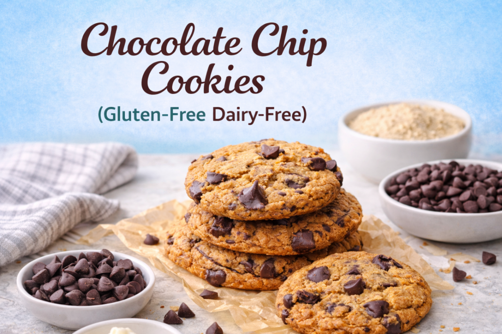 Close-up of a stack of gluten-free dairy-free chocolate chip cookies, surrounded by bowls of chocolate chips, almond flour, and coconut oil, with a soft blue background.
