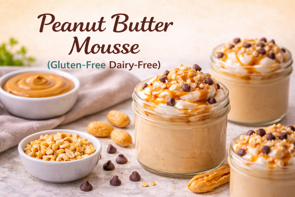A close-up of creamy gluten-free dairy-free peanut butter mousse served in jars, topped with coconut whipped cream, peanut butter drizzle, chocolate chips, and crushed peanuts.