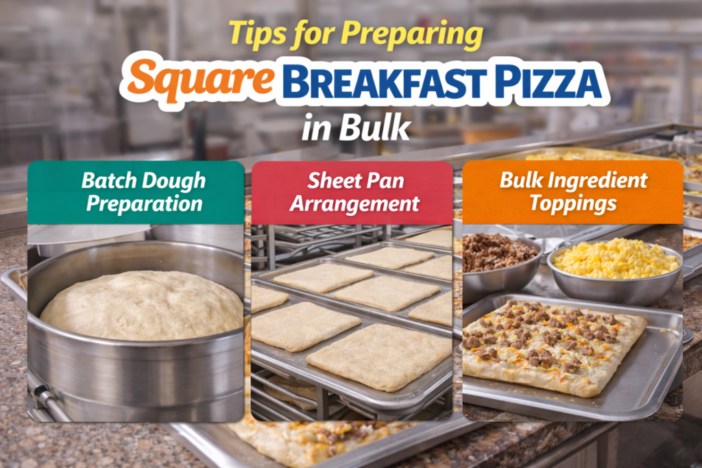 An instructional guide for preparing square breakfast pizza in bulk, with images showing batch dough preparation, sheet pan arrangement, and bulk ingredients like sausage and scrambled eggs, all set in a professional kitchen