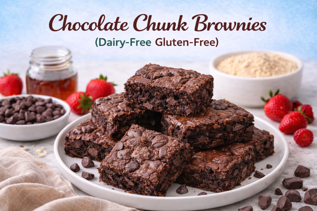 Close-up of dairy-free gluten-free chocolate chunk brownies stacked on a white plate, with bowls of chocolate chunks, fresh strawberries, and almond flour in the background.