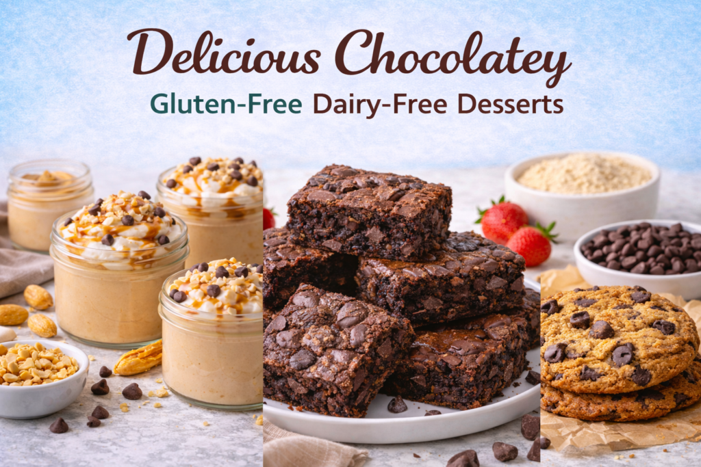 Three gluten-free dairy-free chocolate desserts displayed: peanut butter mousse in jars topped with caramel drizzle, fudgy chocolate chunk brownies, and large chocolate chip cookies, with fresh strawberries and almond flour in the background.
