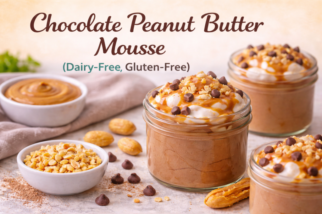 Close-up of dairy-free, gluten-free chocolate peanut butter mousse served in jars, topped with whipped cream, caramel drizzle, chocolate chips, and crushed peanuts.