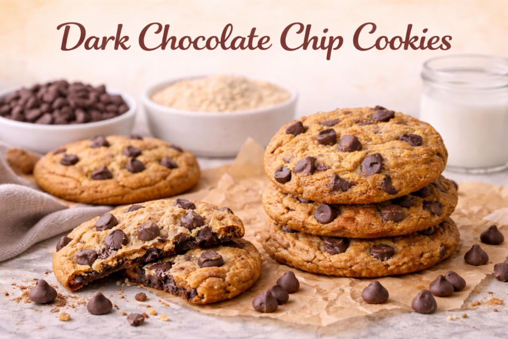 Close-up of dark chocolate chip cookies, broken to reveal melty chocolate chips, set on parchment paper with scattered chocolate chips and almond flour in the background.