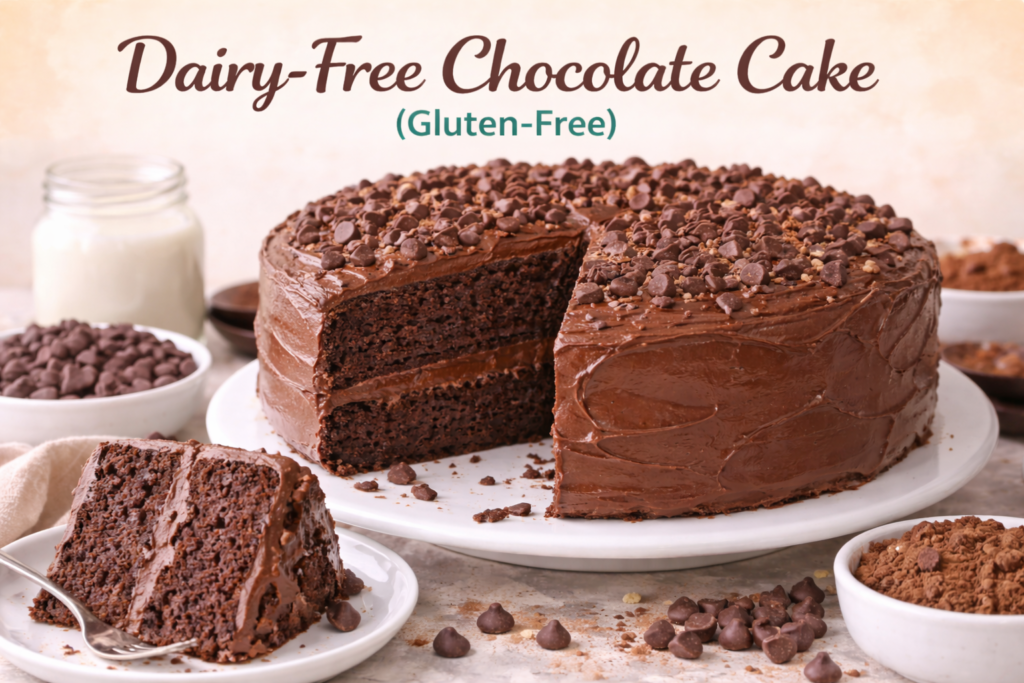 Close-up of a dairy-free, gluten-free chocolate cake with layers, topped with chocolate frosting and chocolate chips, with a slice on a plate and scattered chocolate chips and cocoa powder in the background.