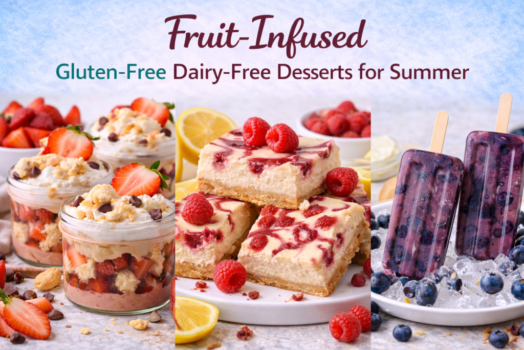 A vibrant display of three fruit-infused gluten-free dairy-free desserts: strawberry shortcake jars, raspberry lemon cheesecake bars, and blueberry popsicles, surrounded by fresh fruit and light blue background.
