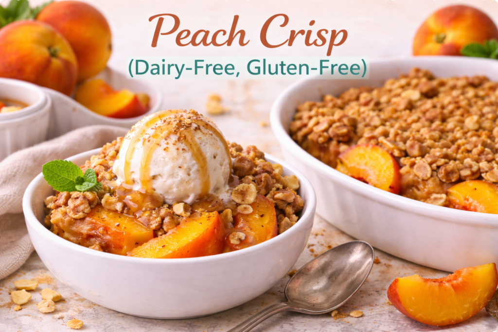 A close-up of a gluten-free, dairy-free peach crisp served in a white bowl, topped with caramel sauce, granola, and a scoop of dairy-free ice cream, with fresh peach slices and a baking dish in the background.