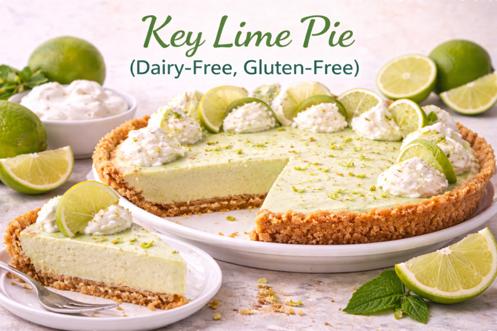 Close-up of dairy-free, gluten-free key lime pie with a crumbly crust, topped with coconut whipped cream, lime slices, and lime zest, served alongside a slice on a plate with a fork.