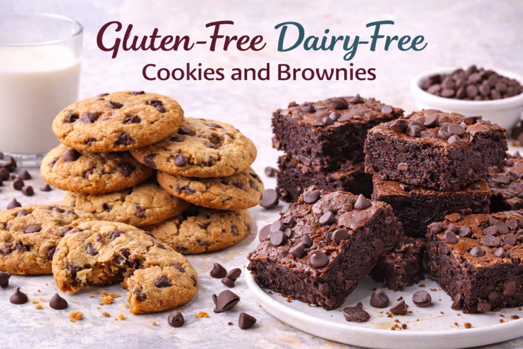 Close-up of gluten-free, dairy-free chocolate chip cookies stacked alongside fudgy brownies, both topped with chocolate chips, with a glass of milk and chocolate chips scattered around.