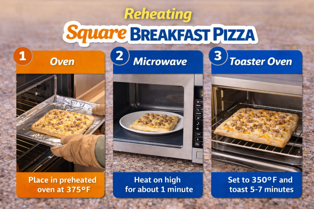 Step-by-step guide showing how to reheat square breakfast pizza using three methods: placing in the oven at 375°F, heating in the microwave for 1 minute, and toasting in a toaster oven at 350°F for 5-7 minutes