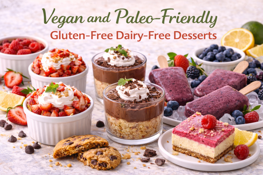 A variety of vegan and paleo-friendly gluten-free dairy-free desserts: strawberry shortcake in ramekins, chocolate mousse cups, berry popsicles on ice, and raspberry-lemon cheesecake bars, surrounded by fresh fruit and mint leaves.