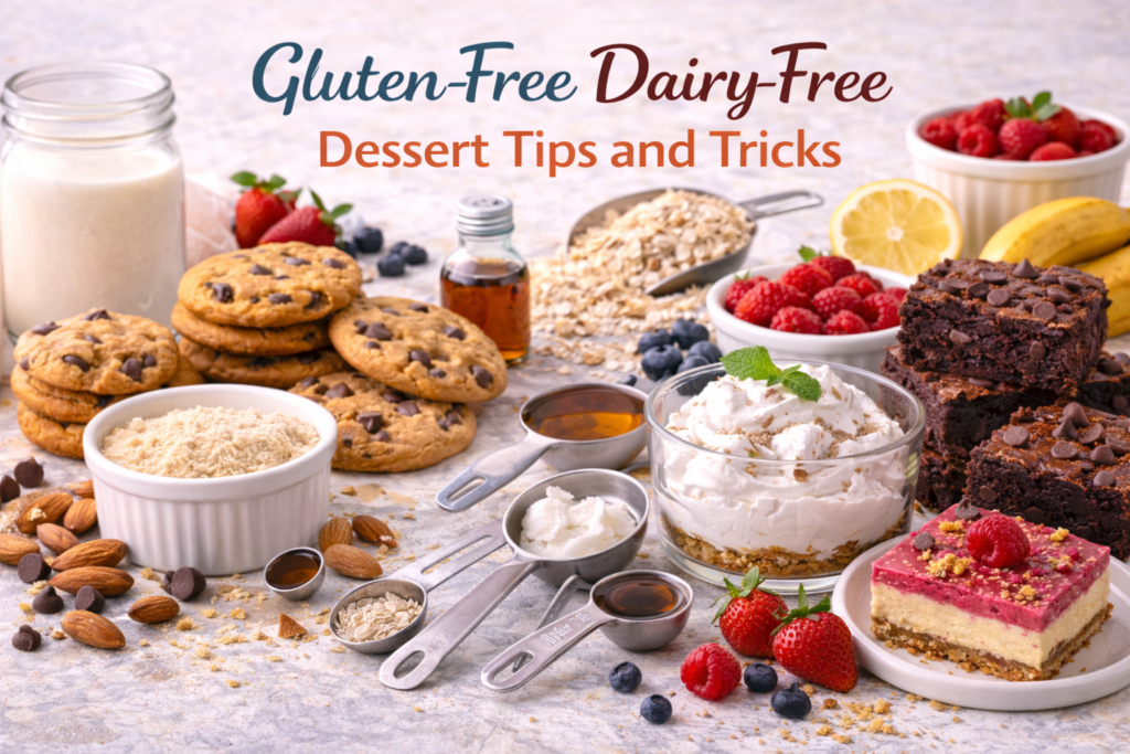 A collection of gluten-free, dairy-free dessert essentials including chocolate chip cookies, brownies, fresh fruits, almond flour, and measuring spoons filled with ingredients like maple syrup and coconut cream.