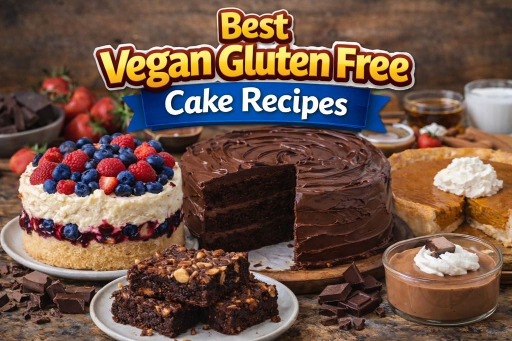 A tempting display of vegan gluten-free cakes, including a rich chocolate cake, berry-topped cheesecake, and pumpkin pie, set on a rustic wooden table.