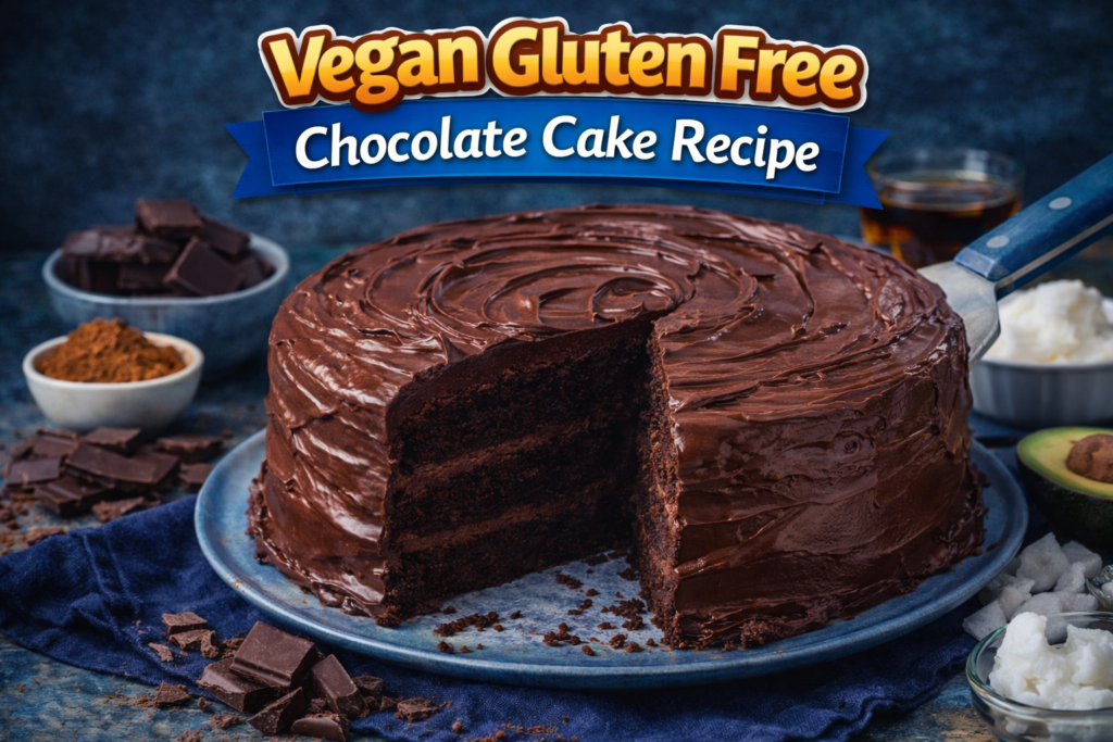 A close-up of a vegan gluten-free chocolate cake with two layers and glossy chocolate frosting, surrounded by dark chocolate, cocoa powder, and other ingredients on a rustic table.