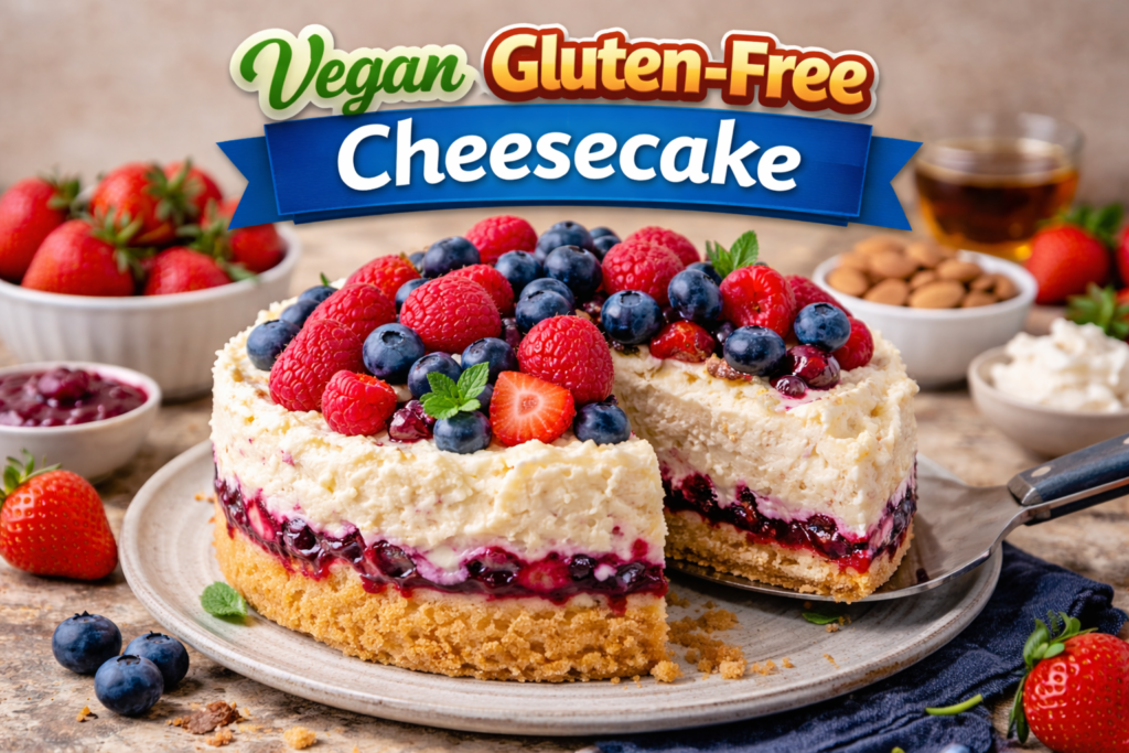 A close-up shot of a vegan gluten-free cheesecake topped with strawberries, blueberries, raspberries, and mint leaves. The cheesecake sits on a rustic plate with a slice removed to reveal its creamy layers, surrounded by fresh strawberries, almonds, and maple syrup.