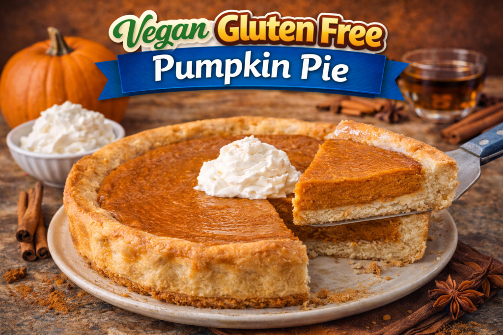 A close-up of a vegan gluten-free pumpkin pie with a golden crust, topped with whipped cream. The pie is sliced to reveal its rich, dense filling, surrounded by cinnamon sticks, a whole pumpkin, and maple syrup.