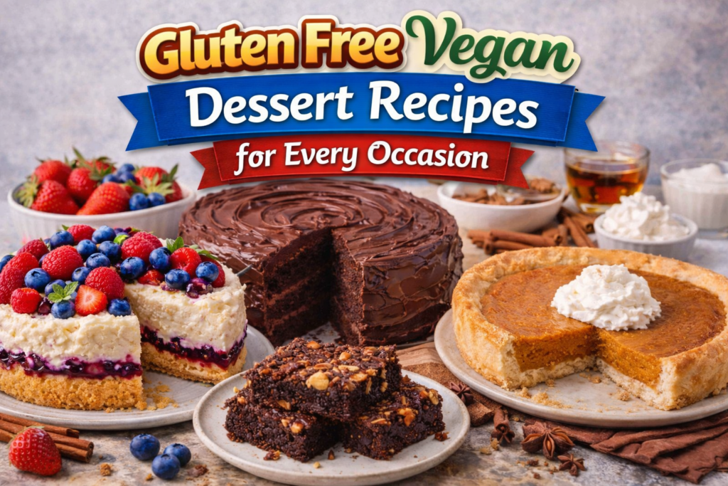 A vibrant spread of gluten-free vegan desserts including a berry-topped cheesecake, chocolate cake with glossy frosting, fudgy brownies, and a pumpkin pie, all arranged on a rustic background with cinnamon sticks and fresh strawberries.
