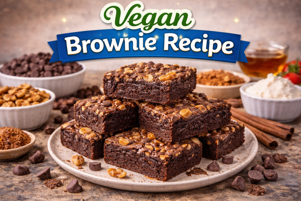 A close-up shot of a stack of fudgy vegan brownies, topped with walnuts and chocolate chips, placed on a white plate with surrounding ingredients like cocoa powder, chocolate chips, and cinnamon sticks.
