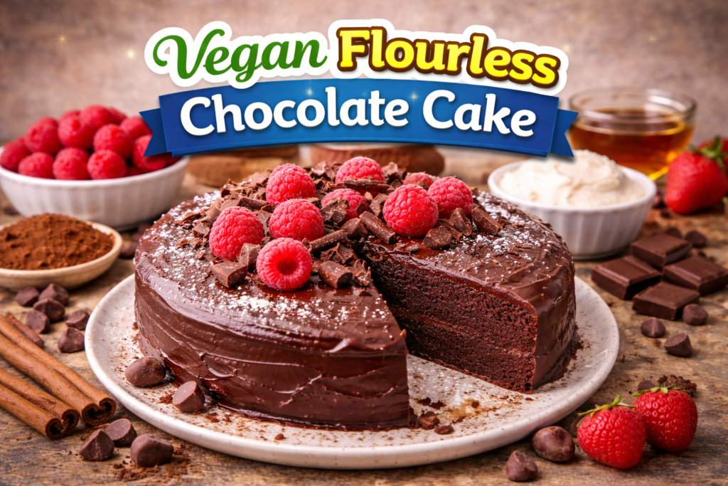 A close-up of a vegan flourless chocolate cake with glossy ganache, topped with fresh raspberries and chocolate shavings. The cake is sliced to reveal its fudgy interior, with ingredients like cocoa powder, cinnamon sticks, and strawberries nearby.