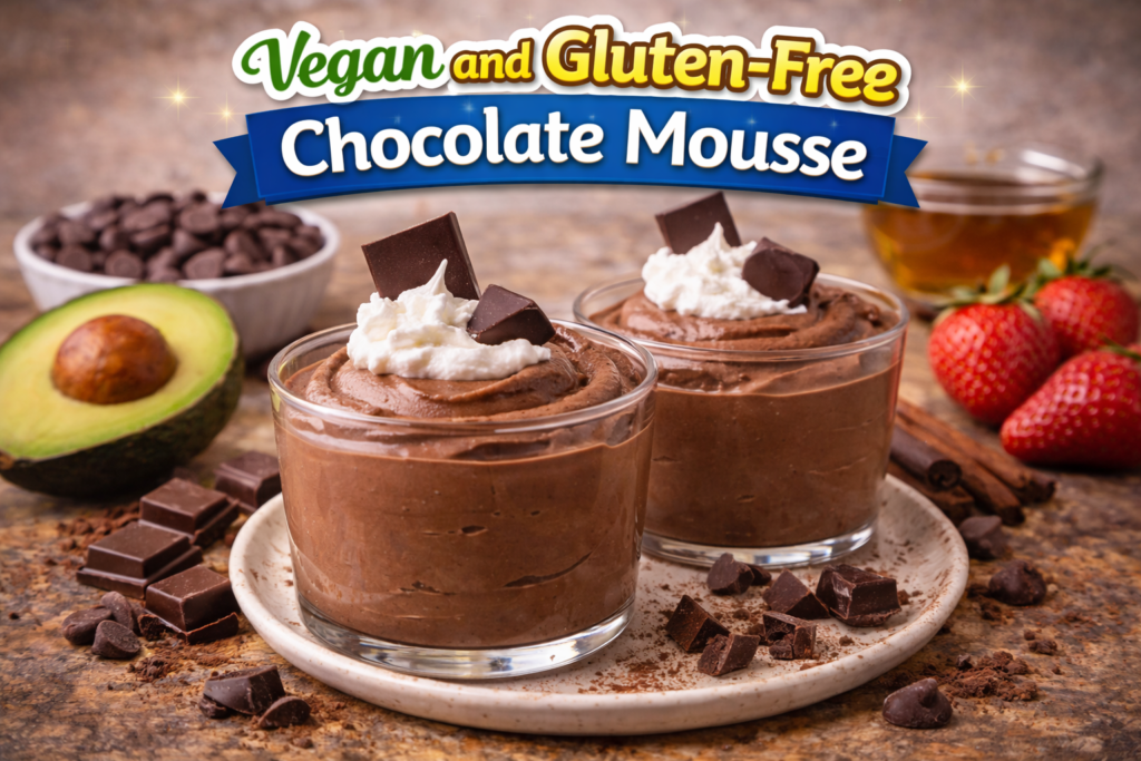 A close-up of two glasses filled with vegan and gluten-free chocolate mousse, topped with whipped cream and dark chocolate chunks. The scene is complemented by fresh avocado, chocolate chips, and cocoa powder on a rustic background.