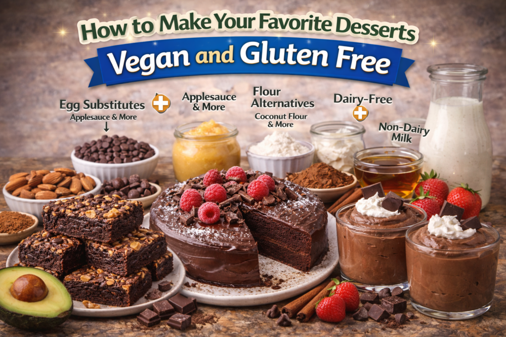 An assortment of vegan and gluten-free dessert ingredients, including applesauce, coconut flour, non-dairy milk, and chocolate chips, paired with delicious treats like fudgy brownies, a flourless chocolate cake, and chocolate mousse cups.