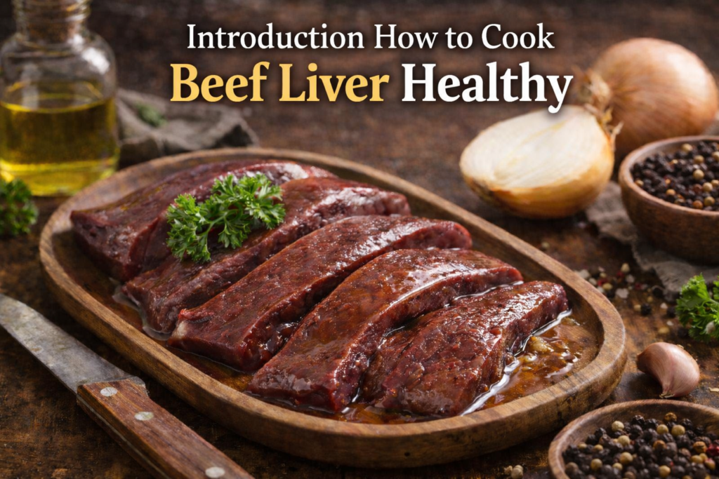 Sliced beef liver on a rustic wooden cutting board with parsley, onions, and peppercorns, bathed in warm lighting, perfect for a healthy liver recipe.