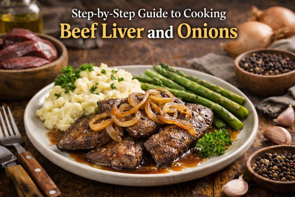 Seared beef liver with caramelized onions, accompanied by mashed potatoes, asparagus, and parsley, beautifully plated on a rustic wooden table, with the heading 'Step-by-Step Guide to Cooking Beef Liver and Onions