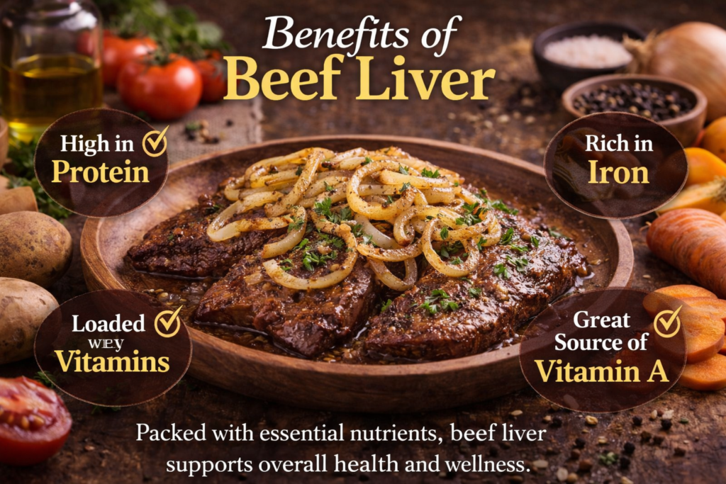 Cooked beef liver with caramelized onions, garnished with parsley, surrounded by fresh vegetables, and labeled with health benefits like protein, iron, and vitamins.