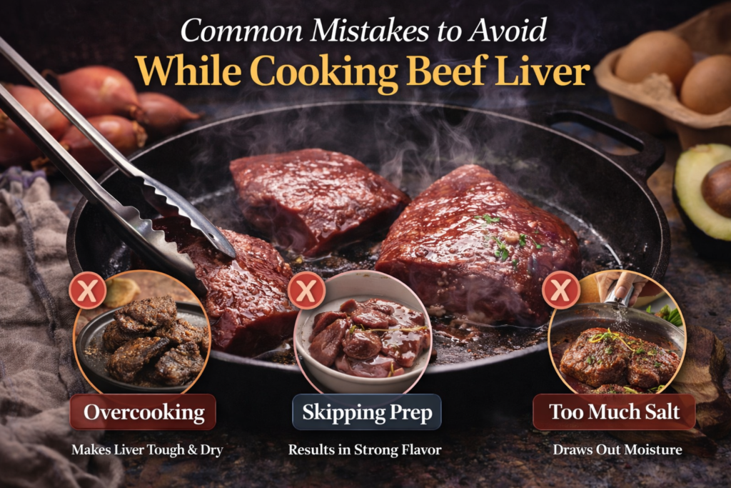 Close-up of beef liver in a skillet, showing three common cooking mistakes with red 'X' signs: overcooking, skipping prep, and using too much salt.