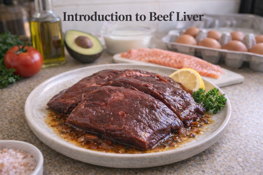 Raw beef liver slices on a ceramic plate with lemon, parsley, and fresh ingredients like avocado, eggs, and olive oil in the background.