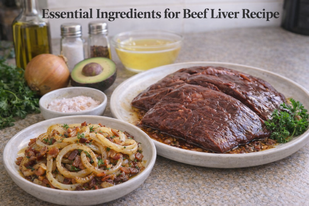 Close-up image showcasing raw beef liver slices, caramelized onions with bacon, and fresh ingredients like parsley, avocado, salt, and pepper on a beige countertop.