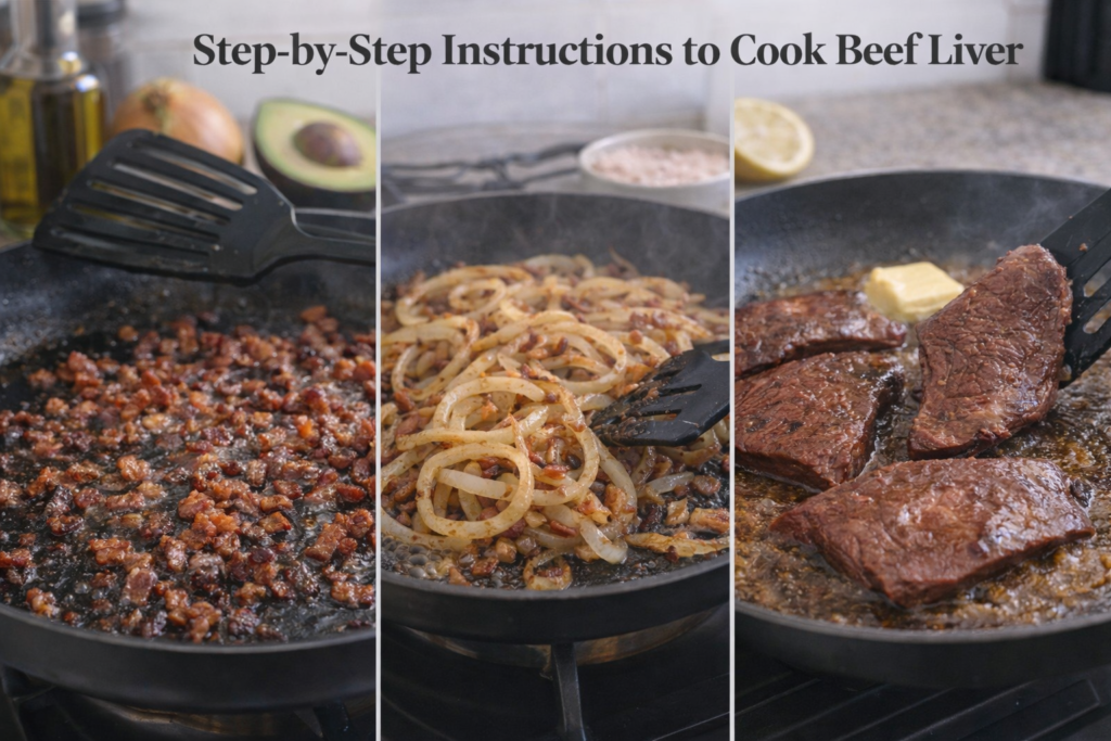 Step-by-step photo sequence showing crispy bacon cooking in a skillet, followed by caramelized onions, and searing beef liver slices with butter in a pan.