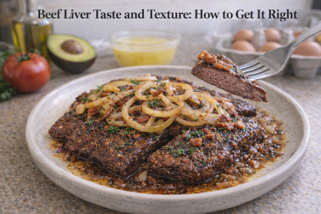 Close-up image of beef liver slices with caramelized onions and crispy bacon, garnished with parsley, and a fork lifting a piece of liver to reveal its tender interior.