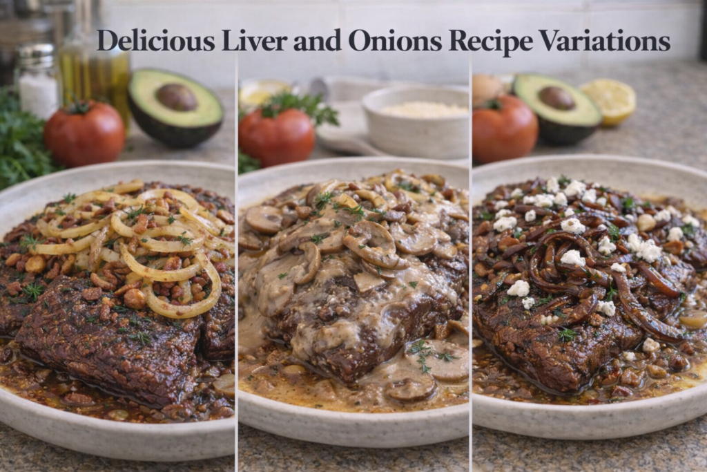 Three versions of beef liver and onions: classic with bacon, creamy with mushrooms and onions, and topped with caramelized onions and goat cheese, all served on ceramic plates.