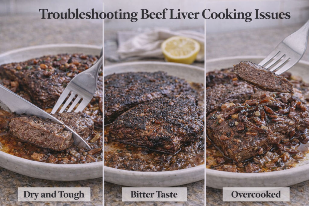 Composite image showing three beef liver cooking issues: dry and tough liver, bitterly charred liver, and overcooked liver with a fork lifting a tender slice, each labeled with its respective problem.