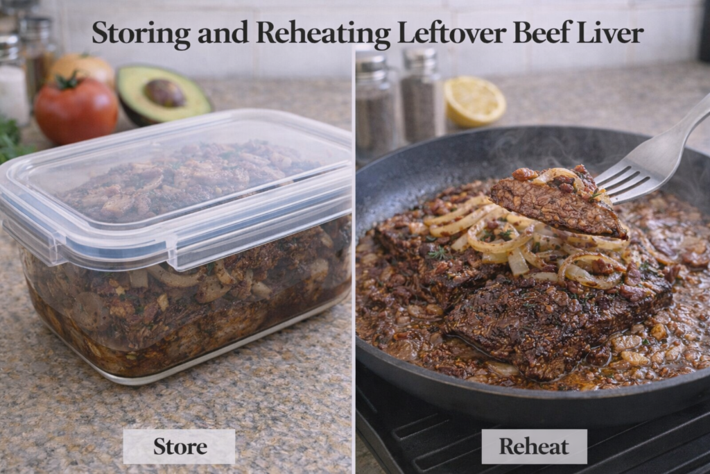 Composite image showing stored beef liver with caramelized onions and bacon in a container, and reheated liver slices being served with onions and bacon in a skillet.