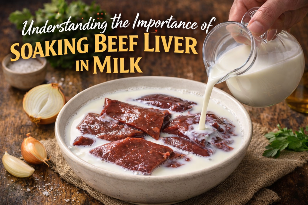 A close-up of beef liver slices soaking in milk, with ingredients like salt, onions, and parsley, and the text 'Understanding the Importance of Soaking Beef Liver in Milk' in elegant fonts.  How Long to Soak Beef Liver in Milk