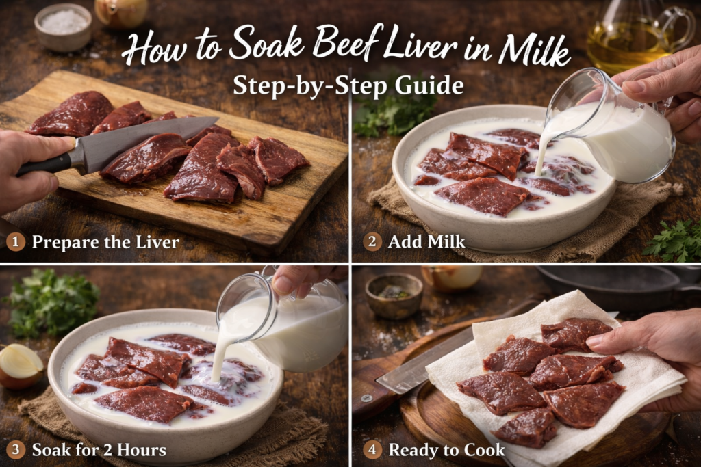 A visual guide showing the process of soaking beef liver in milk. The steps include preparing the liver, adding milk, soaking for 2 hours, and drying the liver before cooking, with rustic ingredients like onion and parsley in the background.