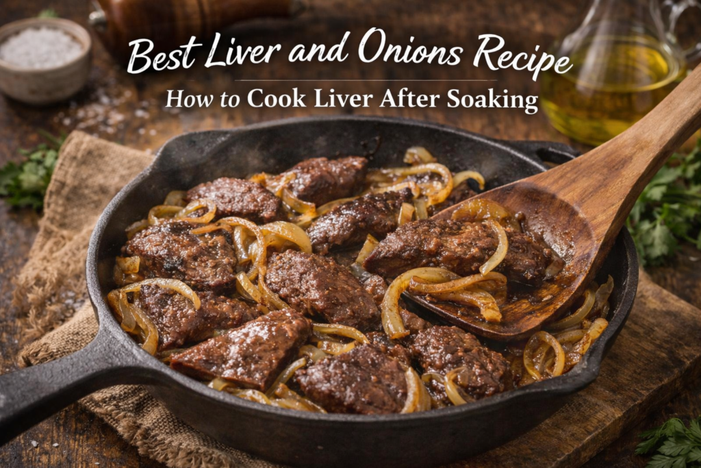 A close-up of beef liver slices soaking in milk, with ingredients like salt, onions, and parsley, and the text 'Understanding the Importance of Soaking Beef Liver in Milk' in elegant fonts.
