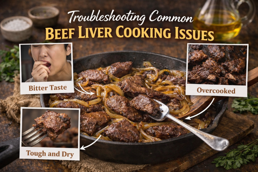 A close-up image showing beef liver and onions in a skillet, with annotations pointing to common cooking issues: bitter taste, tough texture, and overcooking, with rustic ingredients in the background.
