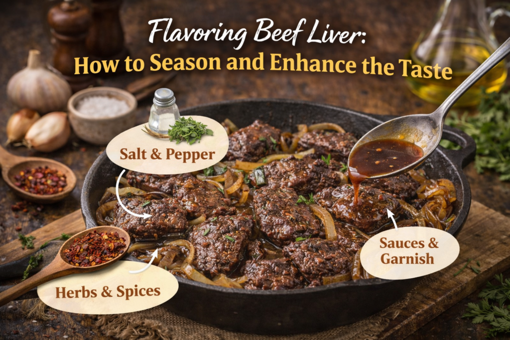 A close-up of seasoned beef liver slices cooking in a cast iron skillet with caramelized onions. The image highlights ingredients like salt, pepper, herbs, and sauces, each labeled to show how to enhance the flavor of the liver.