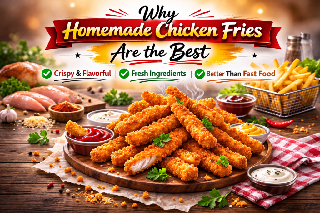 Homemade chicken fries on a wooden platter with dipping sauces, fresh chicken, and seasonings, showcasing a crispy and flavorful dish, better than fast food.