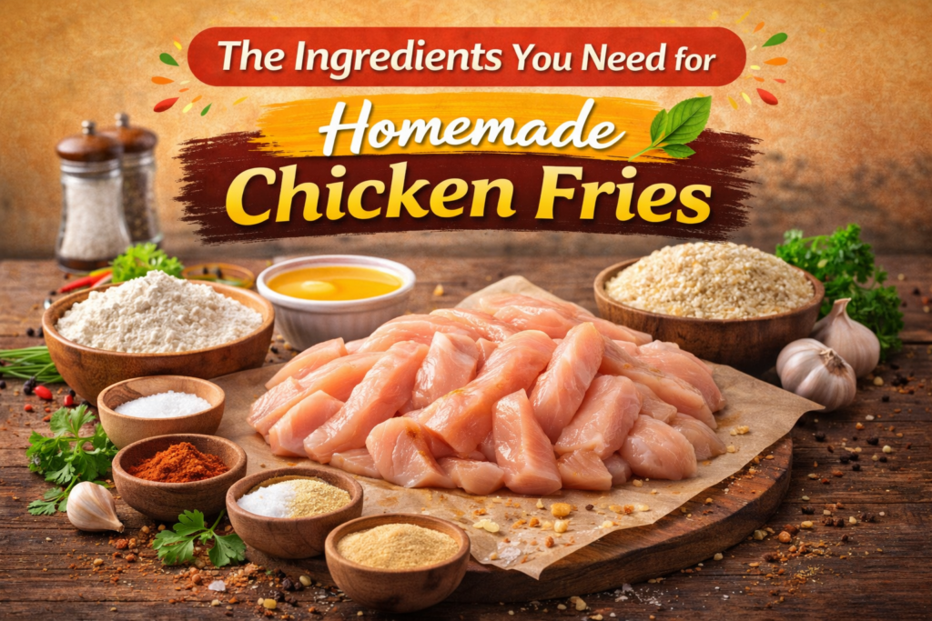 Raw chicken strips, flour, breadcrumbs, garlic, and spices arranged on a rustic wooden surface, showcasing the ingredients needed to make homemade Fried Chicken Fries Recipe.