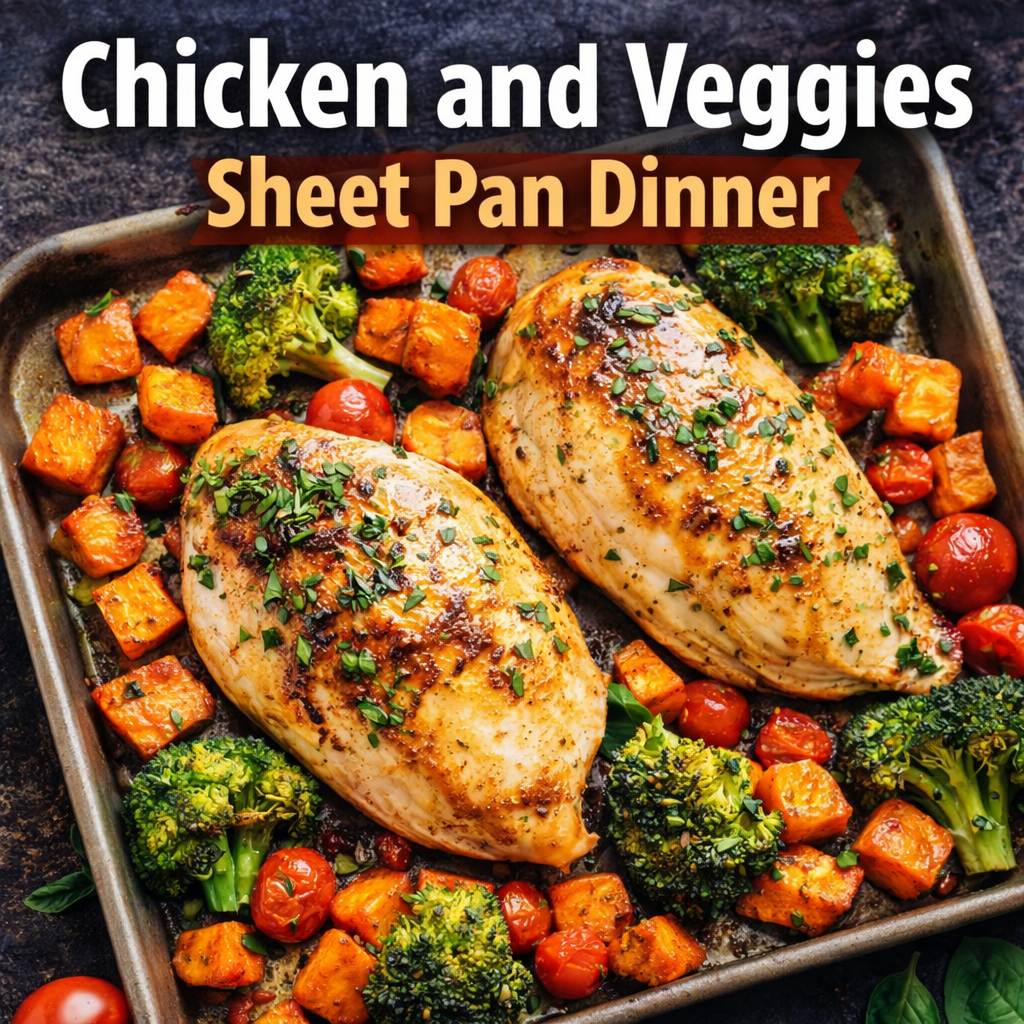 High protein chicken and veggies sheet pan dinner with roasted chicken breast, sweet potatoes, broccoli and cherry tomatoes