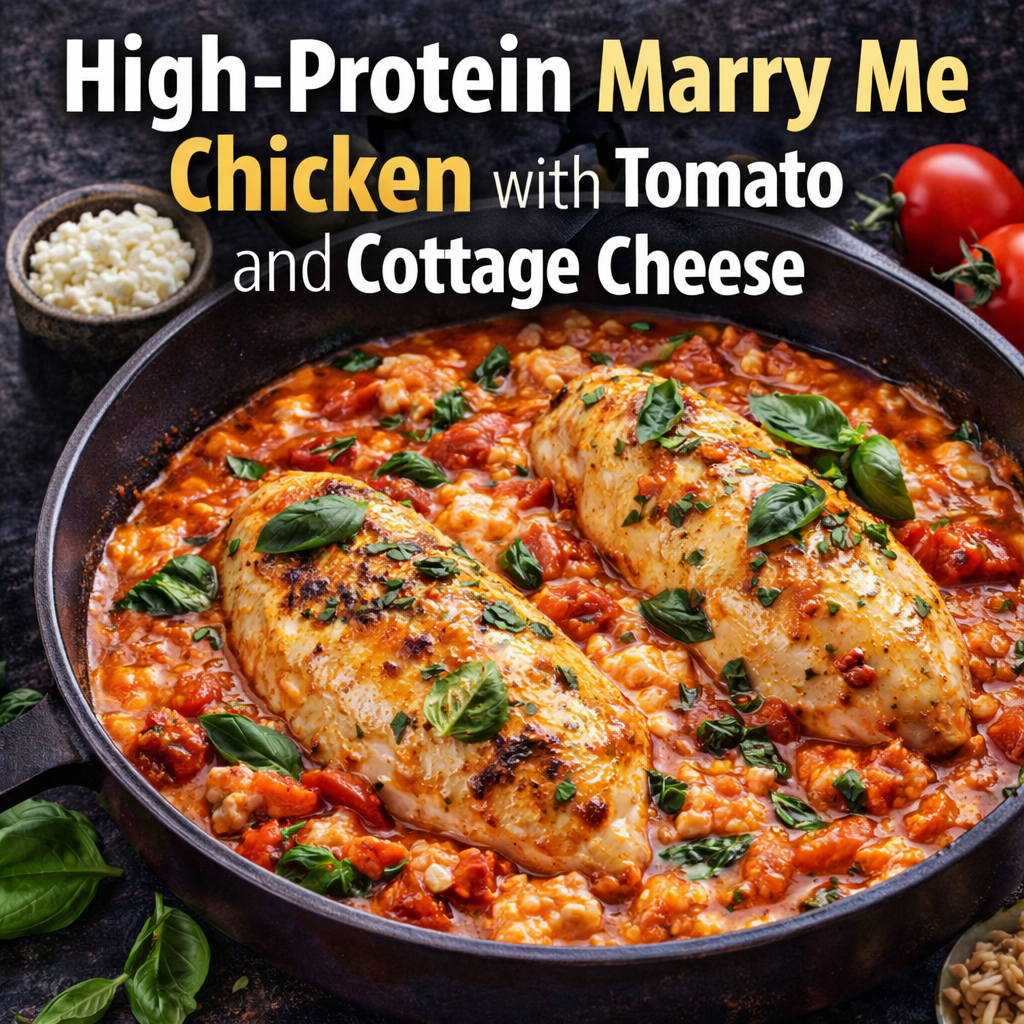 High protein marry me chicken with tomato sauce and cottage cheese cooked in a skillet for a hearty weeknight dinner