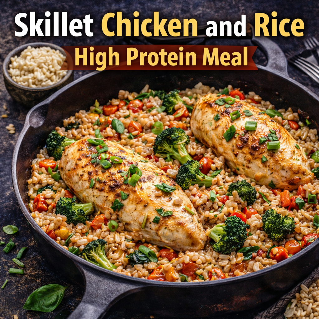 Skillet chicken and rice high protein meal with grilled chicken breast, brown rice and vegetables for a healthy weeknight dinner