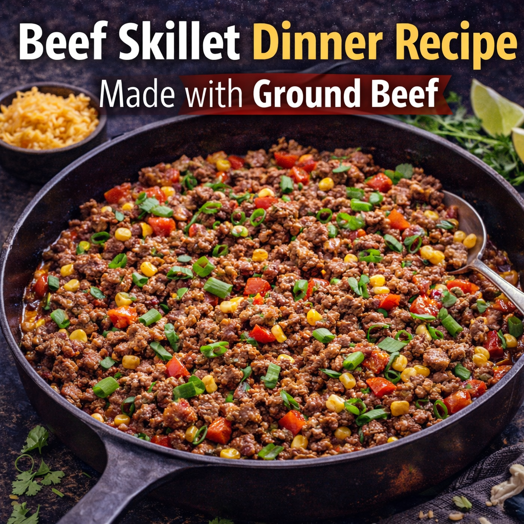 Beef skillet dinner recipe made with ground beef, bell peppers and corn cooked in a cast iron pan for a hearty high protein meal