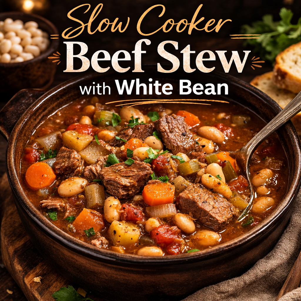 Slow cooker beef stew with white beans, tender beef chunks, carrots and tomatoes in a hearty high protein dinner bowl