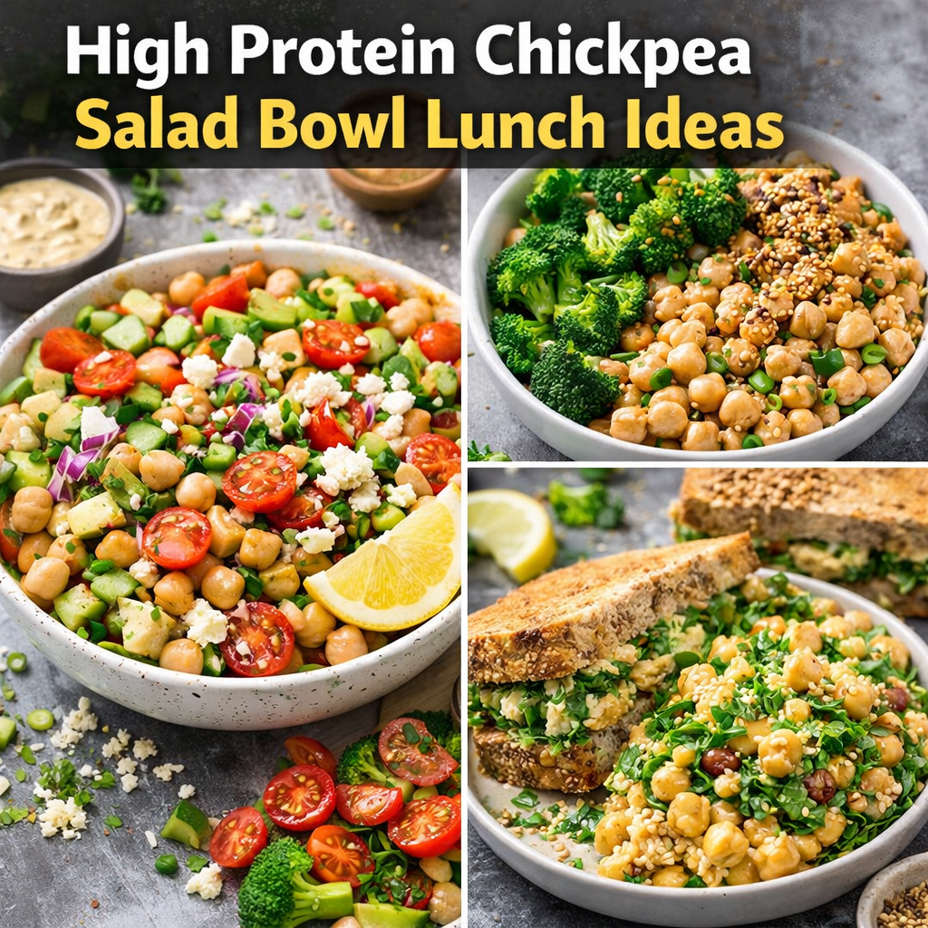 High Protein Lunch Recipes chickpea salad bowl lunch ideas with quinoa avocado broccoli and fresh vegetables in a healthy lunch bowl
